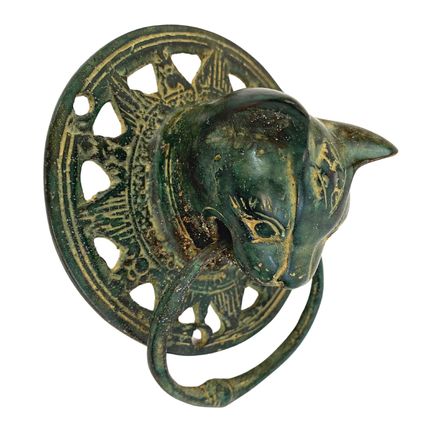 Cat Feline Door Knocker handle knob Cabinet Pull lost wax Cast Verdigris Green Bronze Metal Bali Art - Acadia World Traders