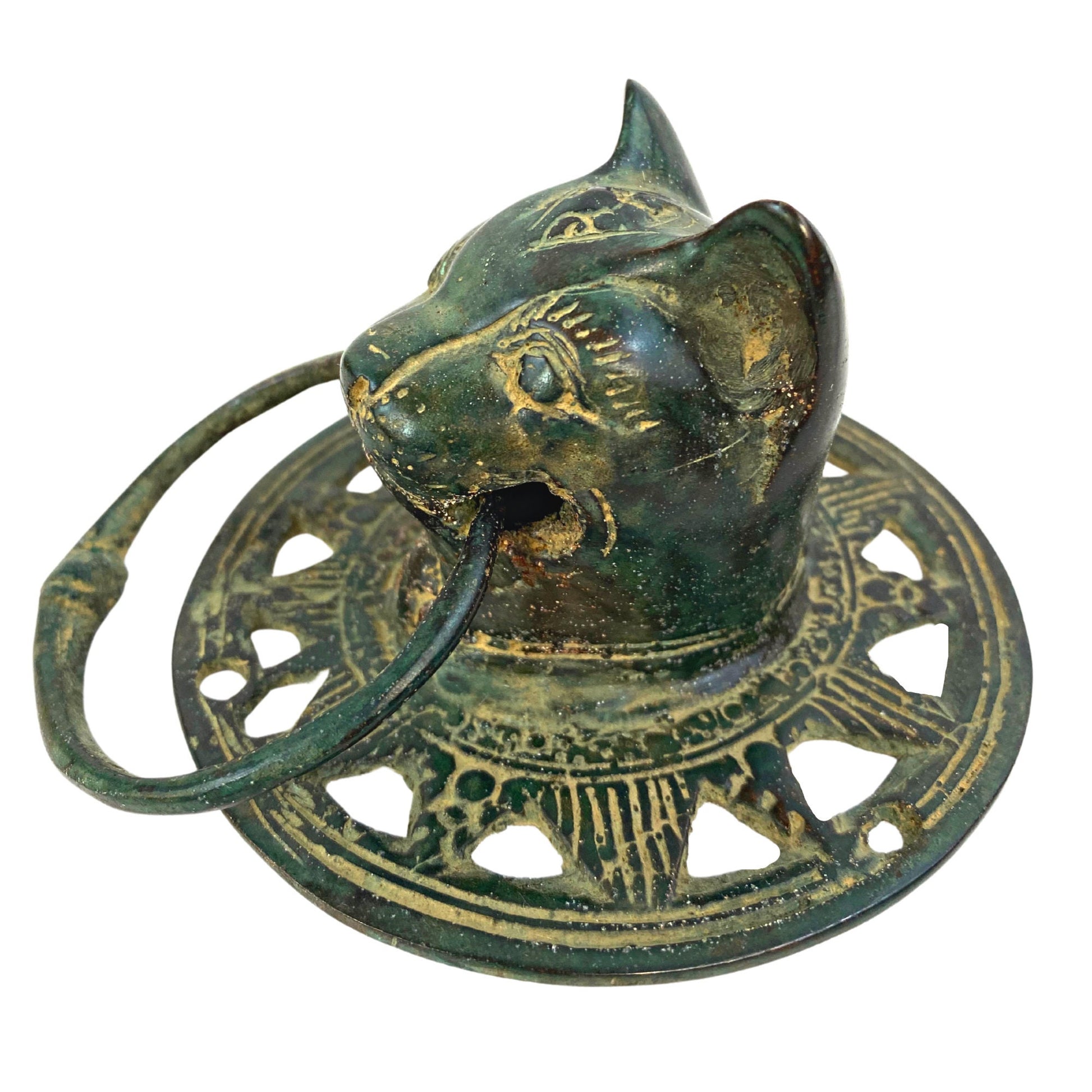 Cat Feline Door Knocker handle knob Cabinet Pull lost wax Cast Verdigris Green Bronze Metal Bali Art - Acadia World Traders
