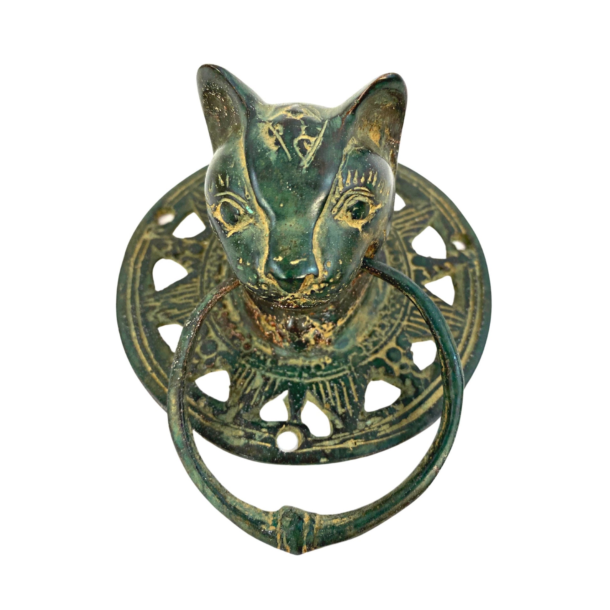 Cat Feline Door Knocker handle knob Cabinet Pull lost wax Cast Verdigris Green Bronze Metal Bali Art - Acadia World Traders