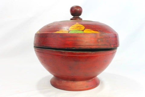 Balinese Offering tray Covered Fruit Bowl w/ cover hand carved wood vessel  Red Bali Ethnic Indonesian Folk Art Dulang