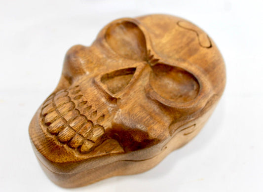Skull Skeleton Secret Puzzle Trinket Box stash box jewelry gift box Hand Carved Wood handmade GOTHIC Bali art - Acadia World Traders
