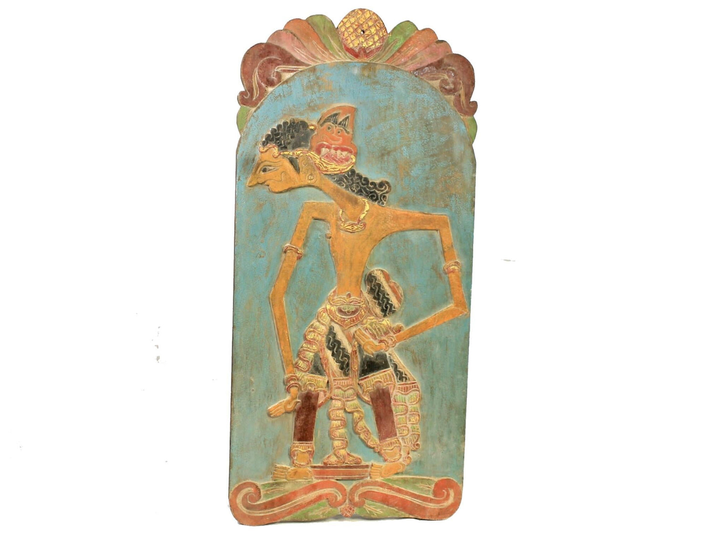 Vintage Wayang Shadow Puppet Wall art Panel Carved Polychrome Wood Indonesia - Acadia World Traders
