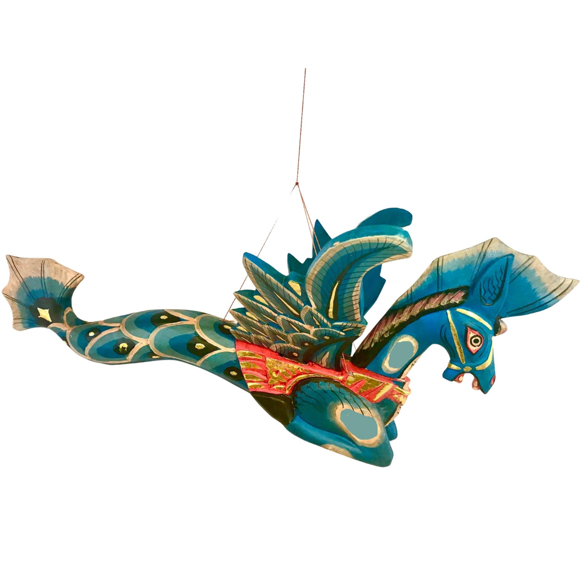 Bali Winged Seahorse Mobile Sea Horse Merhorse Spirit chaser Crib Guardian Balinese Folk art Hand Carved Wood Carving Teal Indonesian - Acadia World Traders