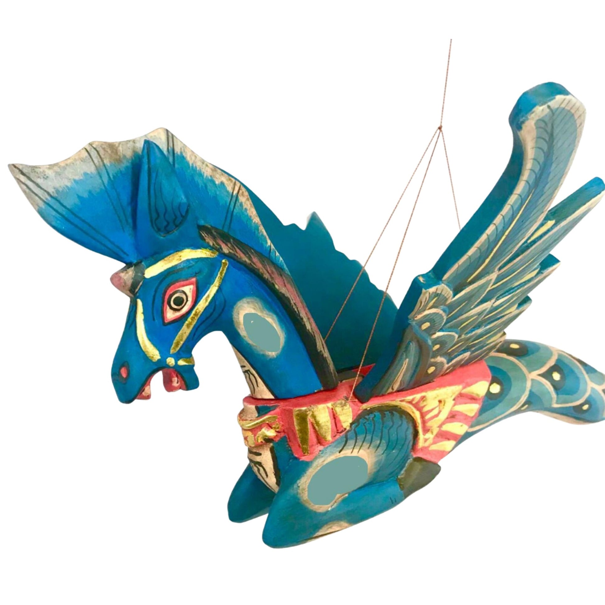 Bali Winged Seahorse Mobile Sea Horse Merhorse Spirit chaser Crib Guardian Balinese Folk art Hand Carved Wood Carving Teal Indonesian - Acadia World Traders