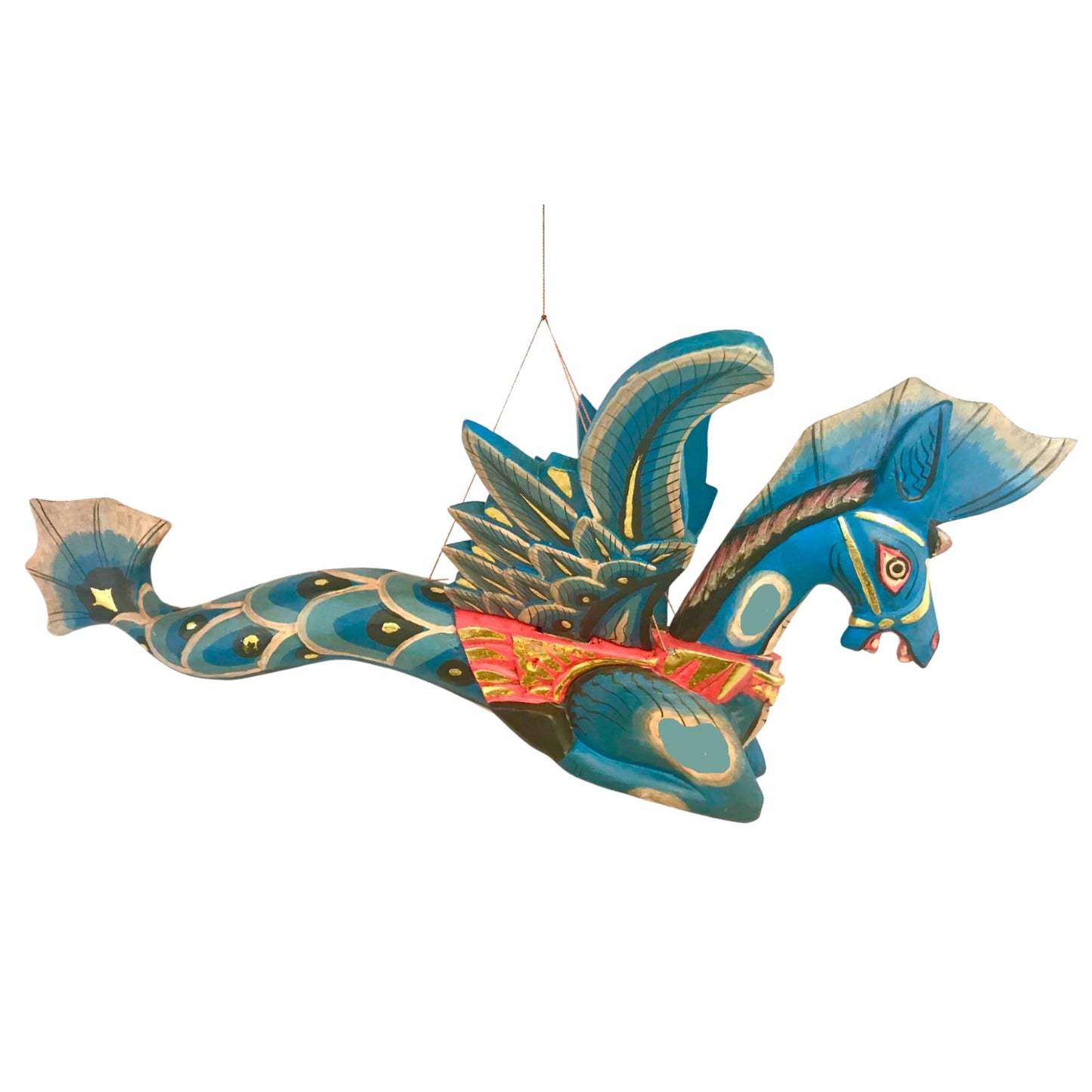 Bali Winged Seahorse Mobile Sea Horse Merhorse Spirit chaser Crib Guardian Balinese Folk art Hand Carved Wood Carving Teal Indonesian - Acadia World Traders