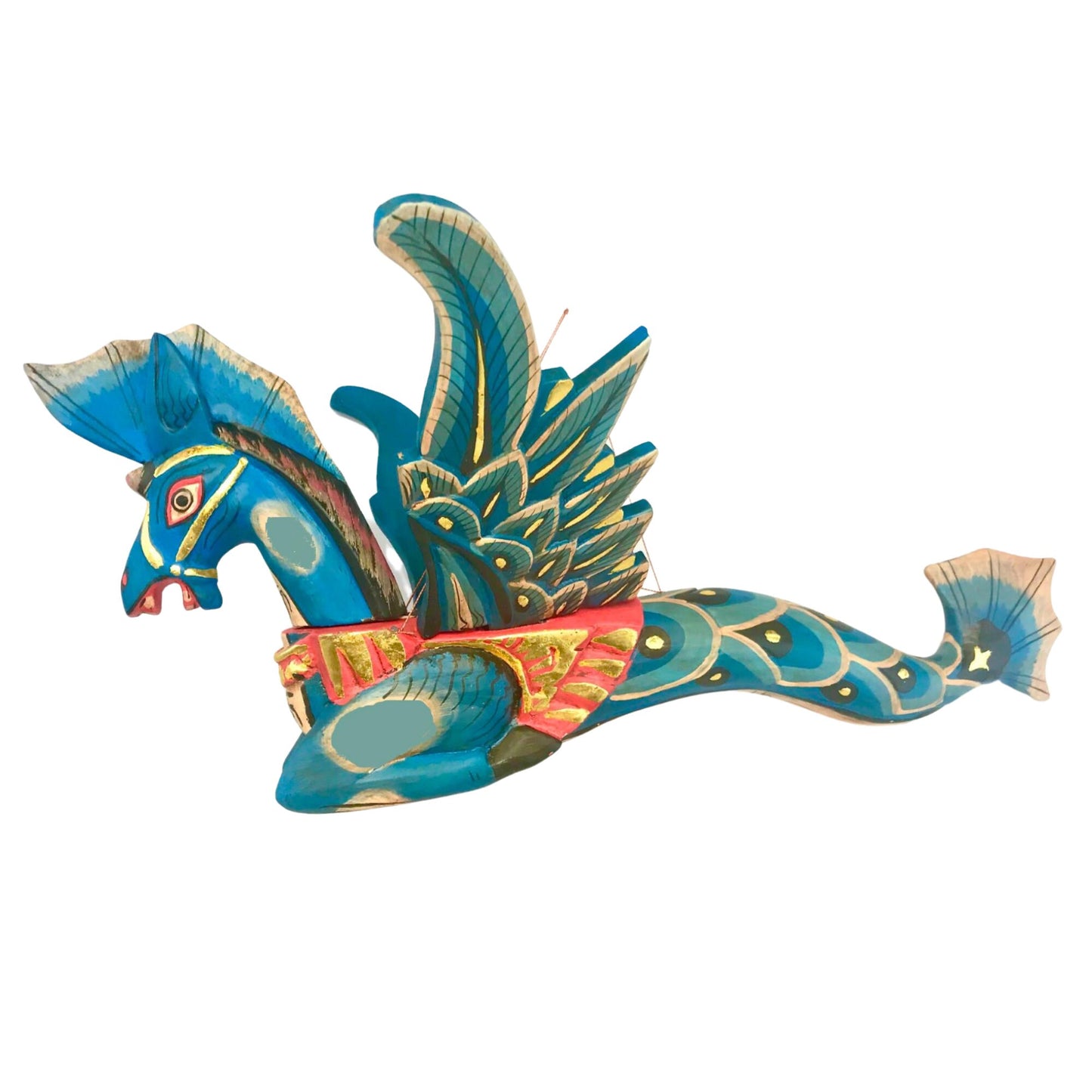 Bali Winged Seahorse Mobile Sea Horse Merhorse Spirit chaser Crib Guardian Balinese Folk art Hand Carved Wood Carving Teal Indonesian - Acadia World Traders