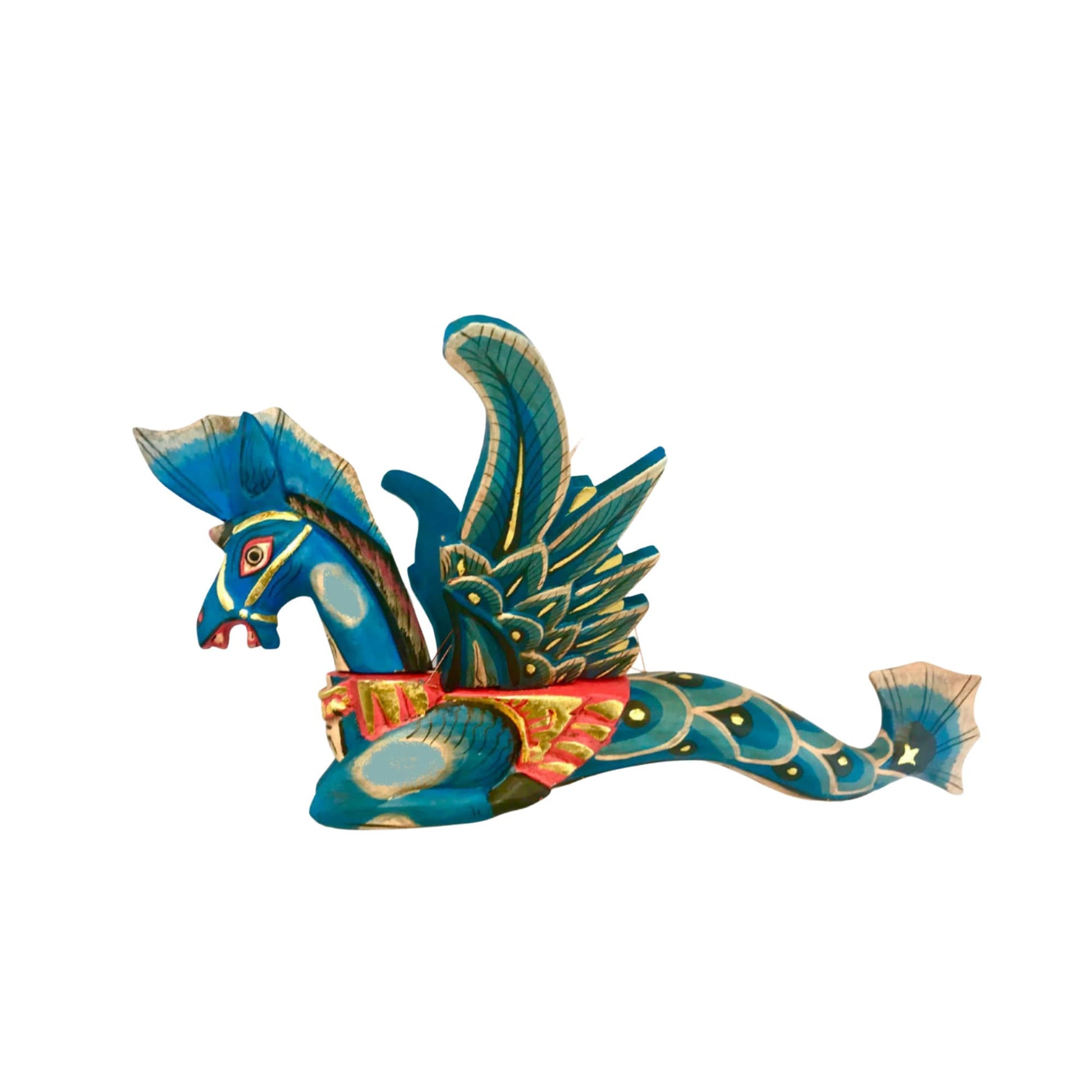 Bali Winged Seahorse Mobile Sea Horse Merhorse Spirit chaser Crib Guardian Balinese Folk art Hand Carved Wood Carving Teal Indonesian - Acadia World Traders