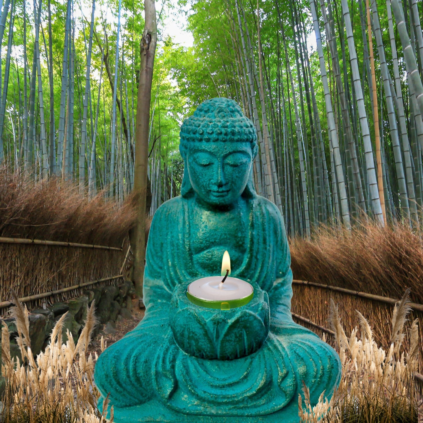 Lotus Pose Buddha Garden Statue candle holder Cast lava stone Bali Yard  Art