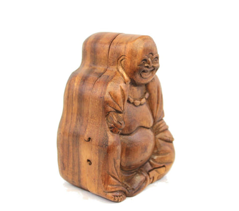 Laughing Fat Buddha secret puzzle Box Stash Trinket jewelry carved wood Bali art