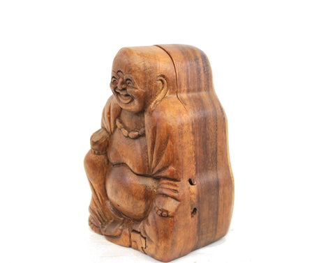 Laughing Fat Buddha secret puzzle Box Stash Trinket jewelry carved wood Bali art