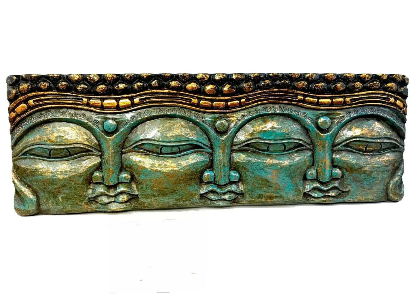 Infinite Faces of Buddha Panel Hand Carved Wood Carving Bali Wall Sculpture Balinese Folk Art Blue 23&quot;