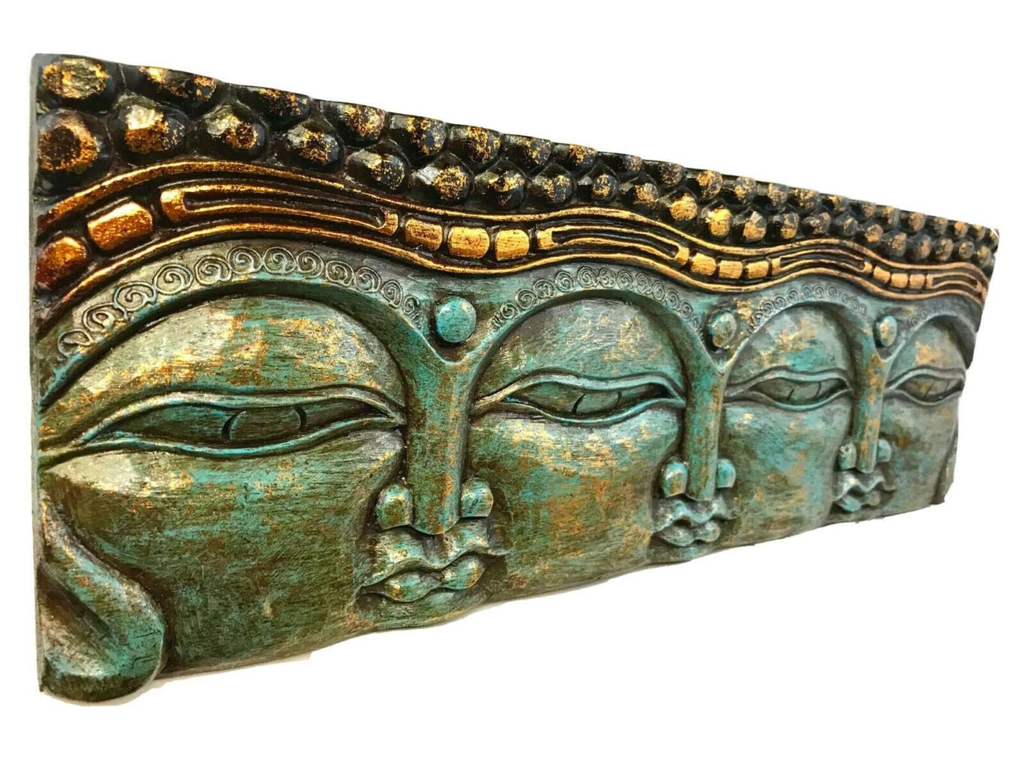 Infinite Faces of Buddha Panel Hand Carved Wood Carving Bali Wall Sculpture Balinese Folk Art Blue 23&quot;