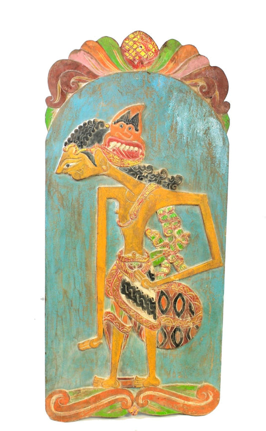 Vintage Javanese Wayang Panel Shadow Puppet Carved Polychrome Wood Wall Art Decor Indonesia - Acadia World Traders