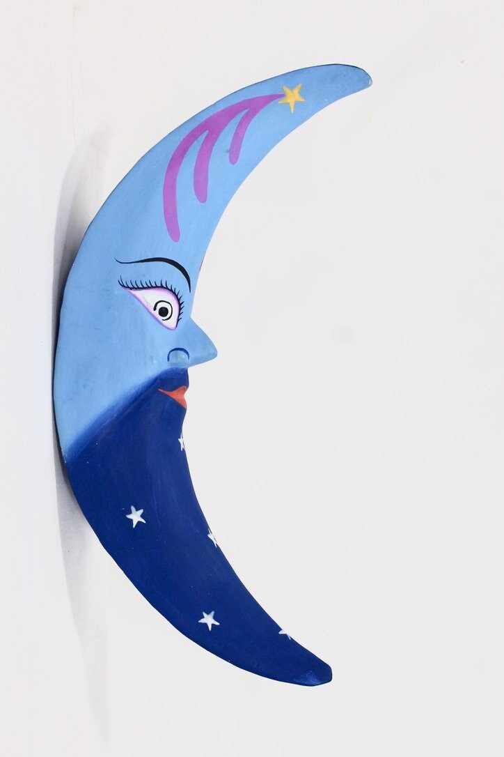 Blue Moon Man in the Moon hanging Mobile Hand Carved Wood Carving Balinese Folk art