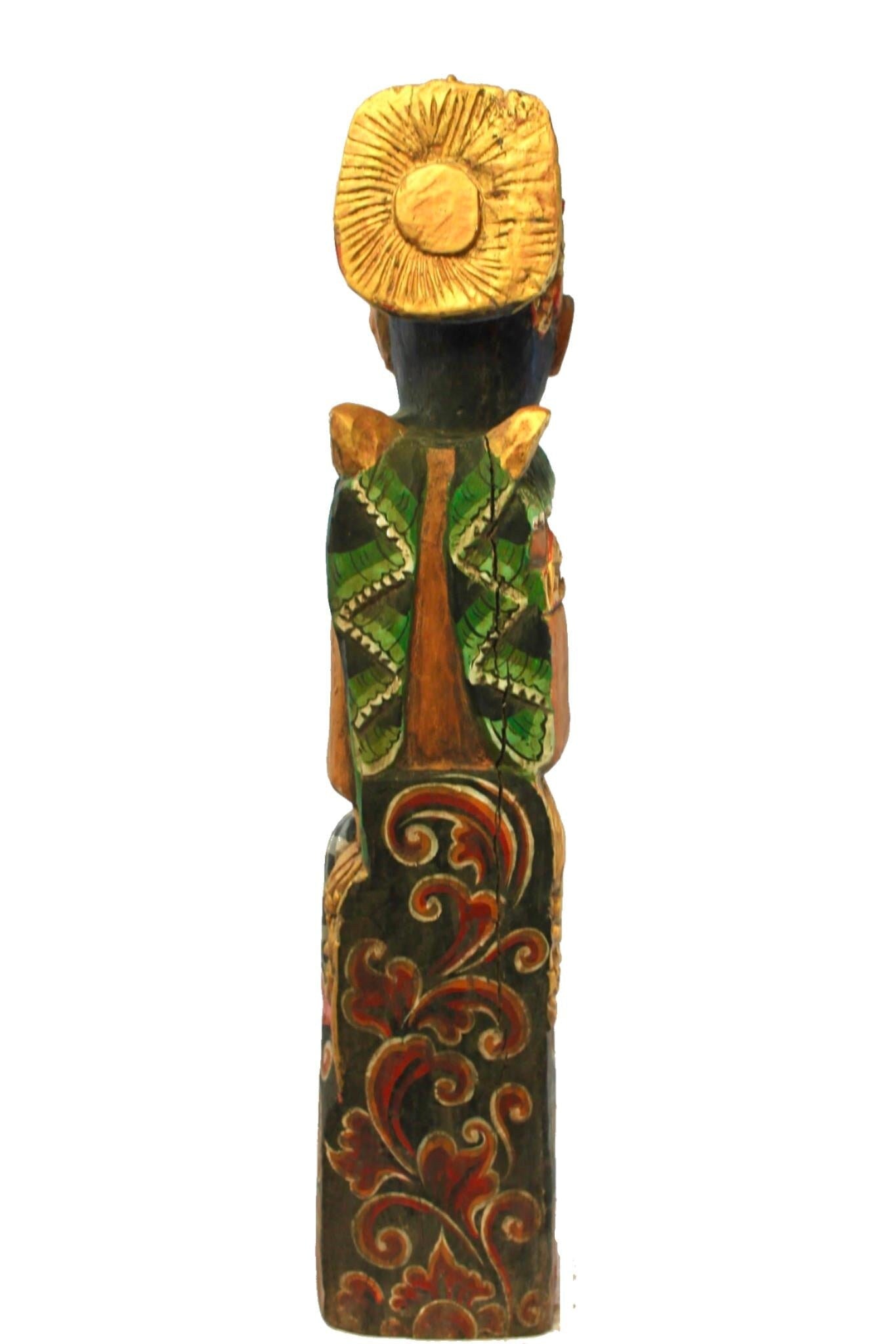 Vintage Balinese Carving  Temple Guardian Statue: Hand-Carved Polychrome Cempaka Wood Sculpture