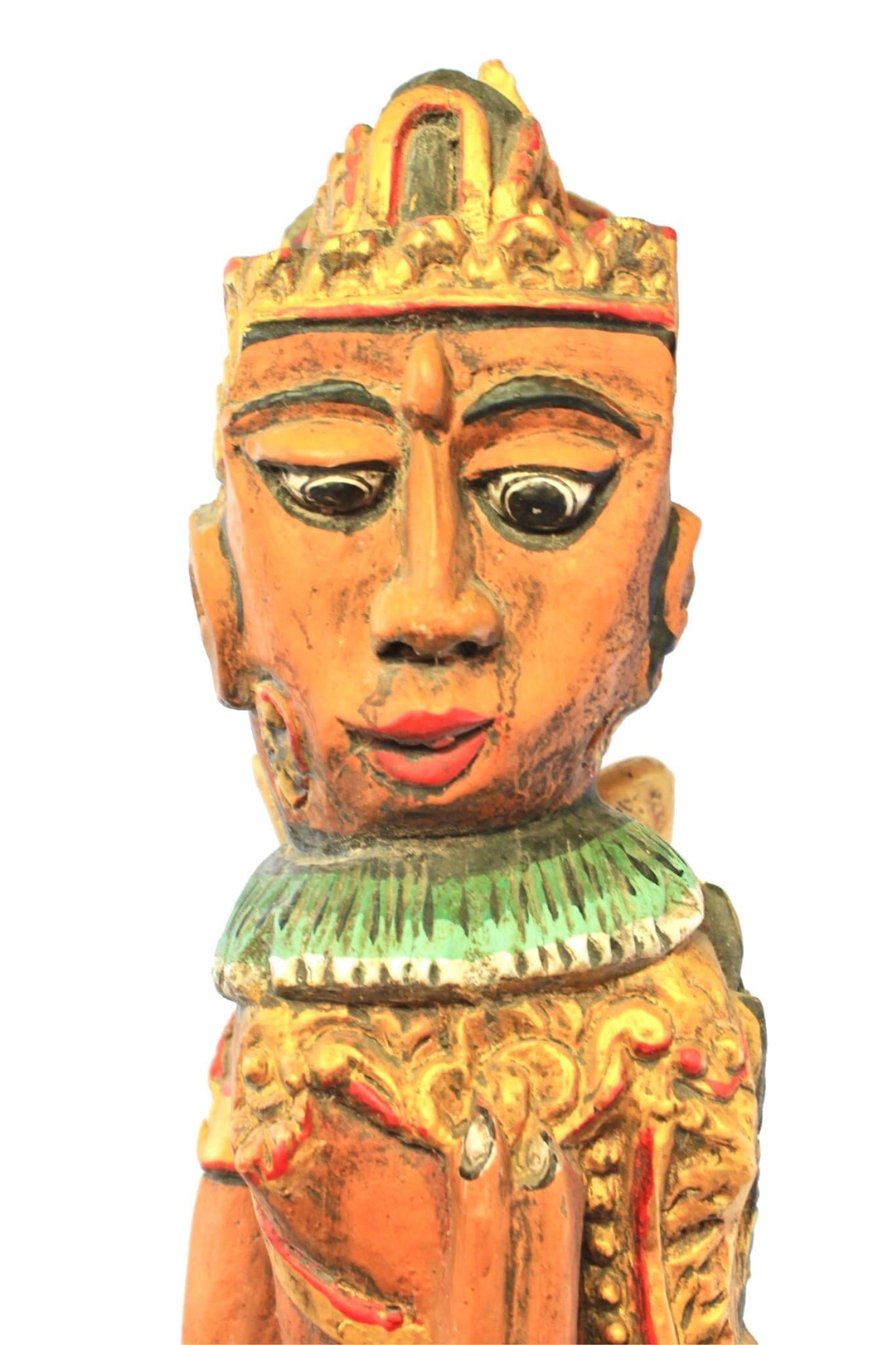 Vintage Balinese Carving  Temple Guardian Statue: Hand-Carved Polychrome Cempaka Wood Sculpture