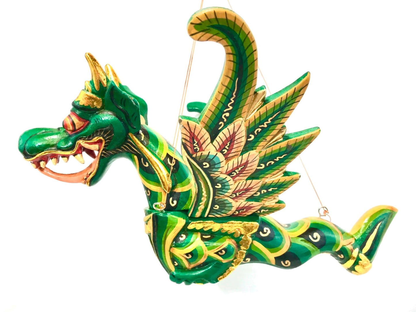 Winged Flying Dragon Naga Hanging Mobile Spiritchaser Demon Chaser Crib Guardian Handmade Balinese Folk Art Ornament Green