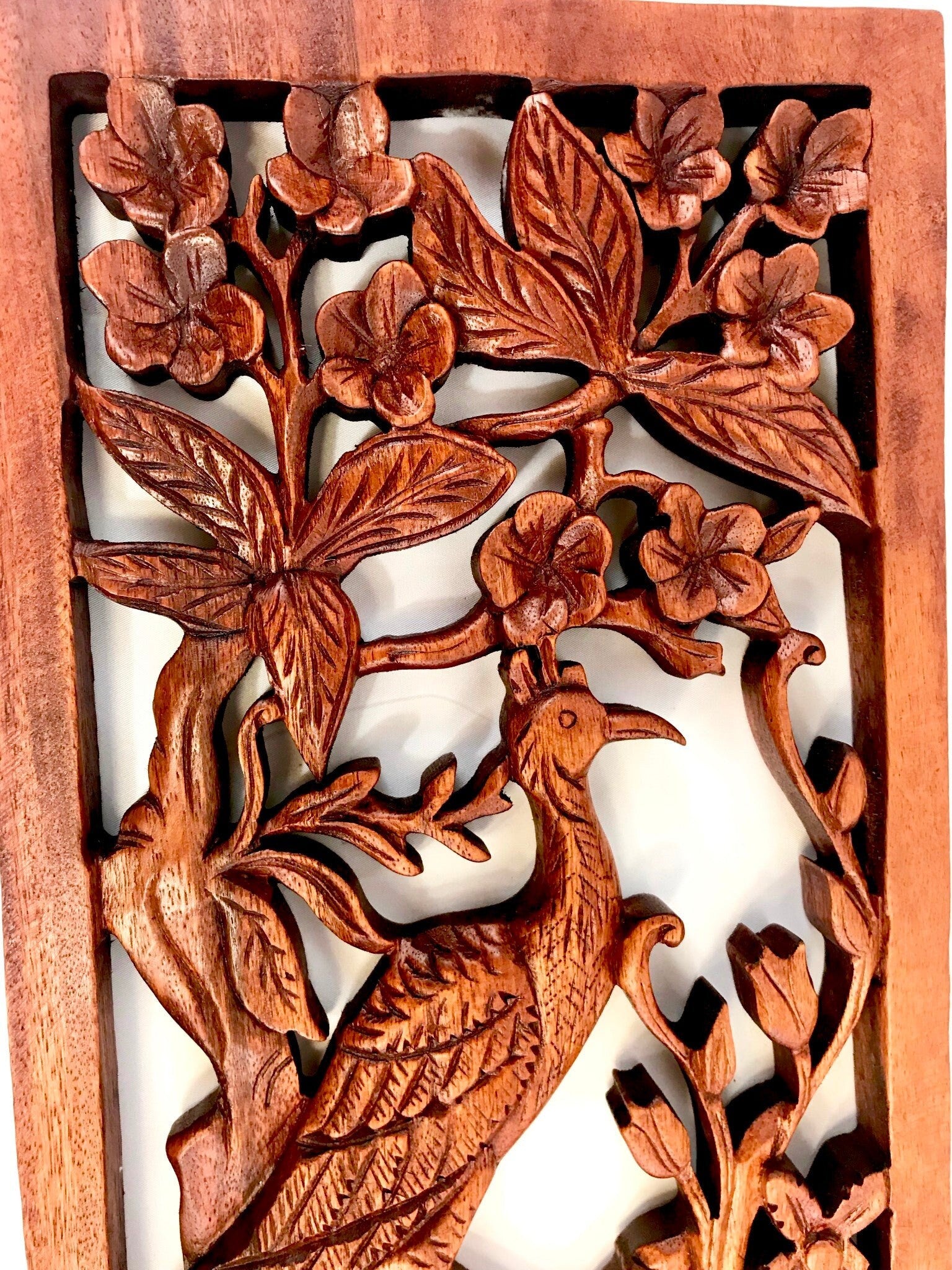 Balinese Peacock Panel Wall Art Plaque Hand Carved Wood Asian Decor - Acadia World Traders