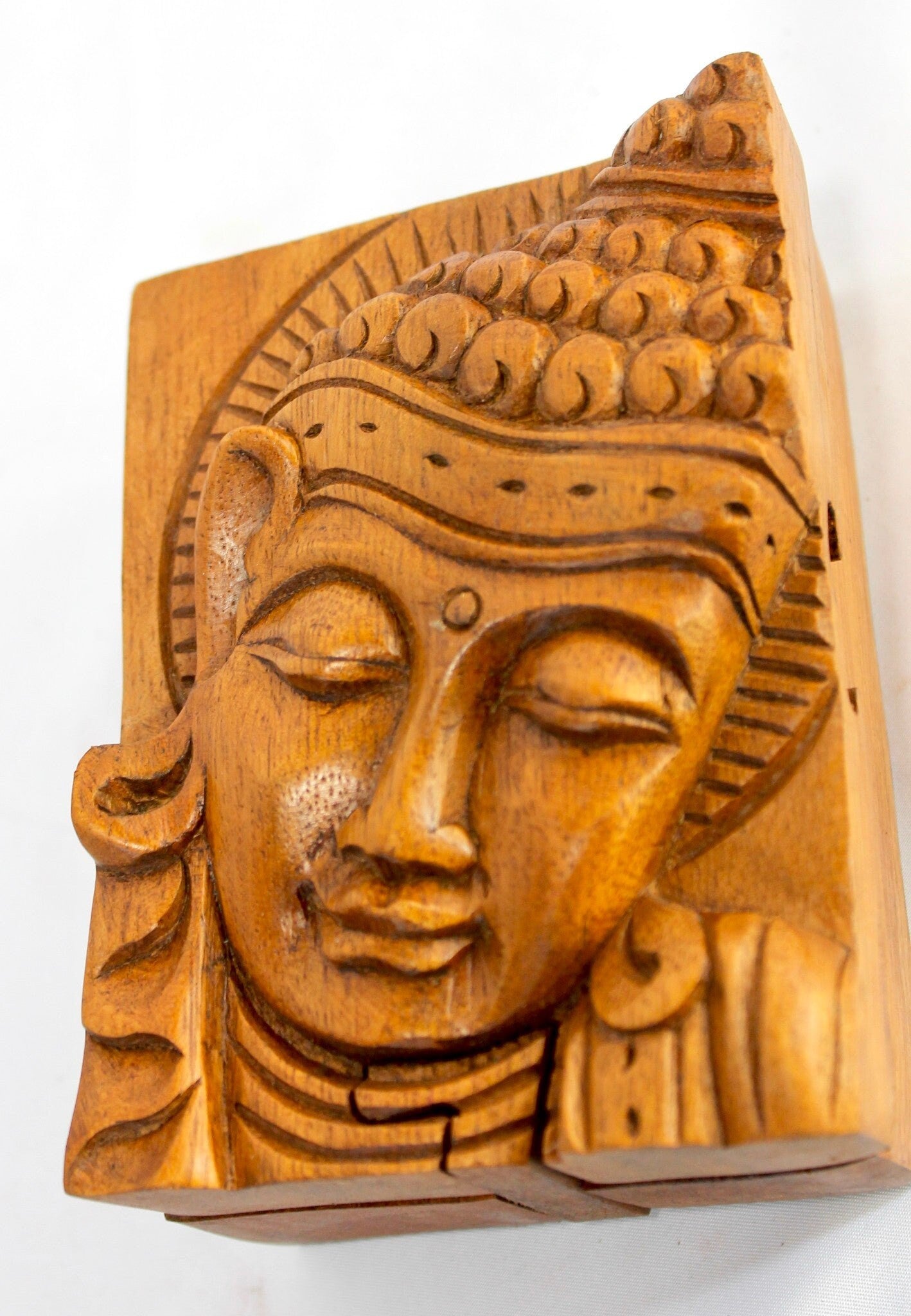 Serene Buddha Wooden secret puzzle Jewelry Box Stash Box Gift Box Handmade Hand Carved Wood