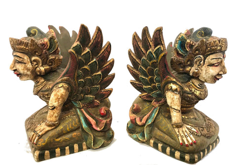 Winged Dewi Deva Goddess Balinese Pratima Temple Guardian Bidadari Statue set of 2 Carved Wood Balinese Folk Art Sculpture