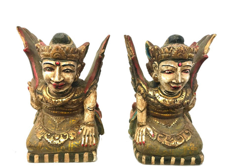 Winged Dewi Deva Goddess Balinese Pratima Temple Guardian Bidadari Statue set of 2 Carved Wood Balinese Folk Art Sculpture