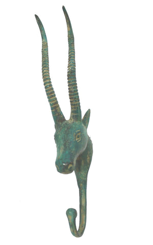 Antelope Wall HOOK Bronze metal Impala peg coat hook hanger farmhouse wildlife decor lost wax cast Green Teal Bali Art