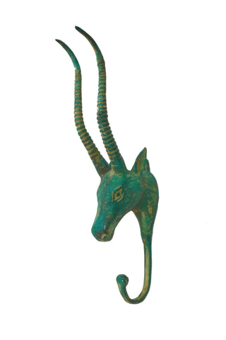 Antelope Wall HOOK Bronze metal Impala peg coat hook hanger farmhouse wildlife decor lost wax cast Green Teal Bali Art