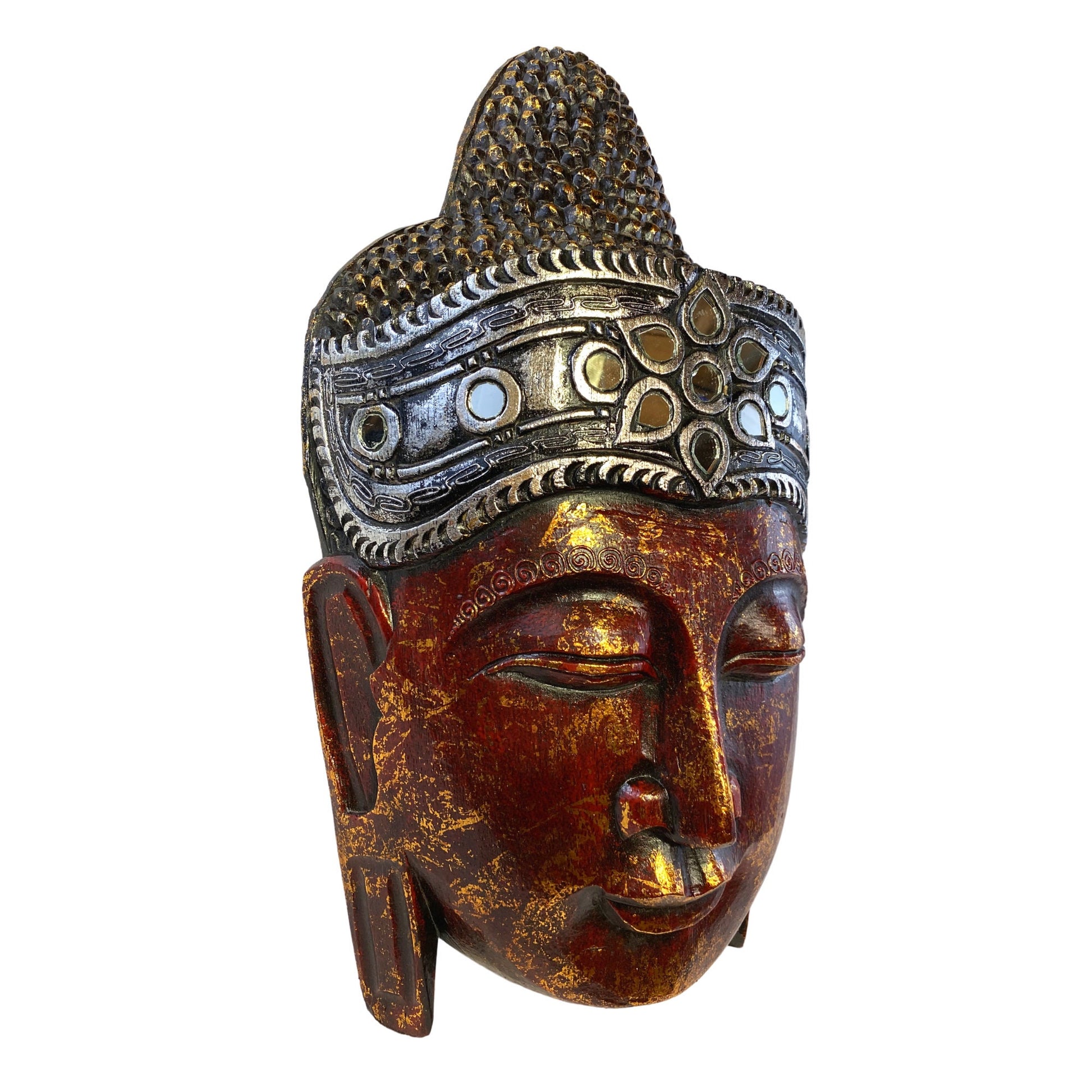 Sublime Buddha Mask Wooden Hand Carved Wall Sculpture Wood Carving Balinese Folk art Handmade Red Asian Boho Eclectic Decor - Acadia World Traders