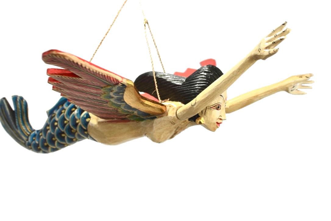 Flying Mermaid Goddess Mobile Demon Chaser Guardian Carved Balinese art Teal