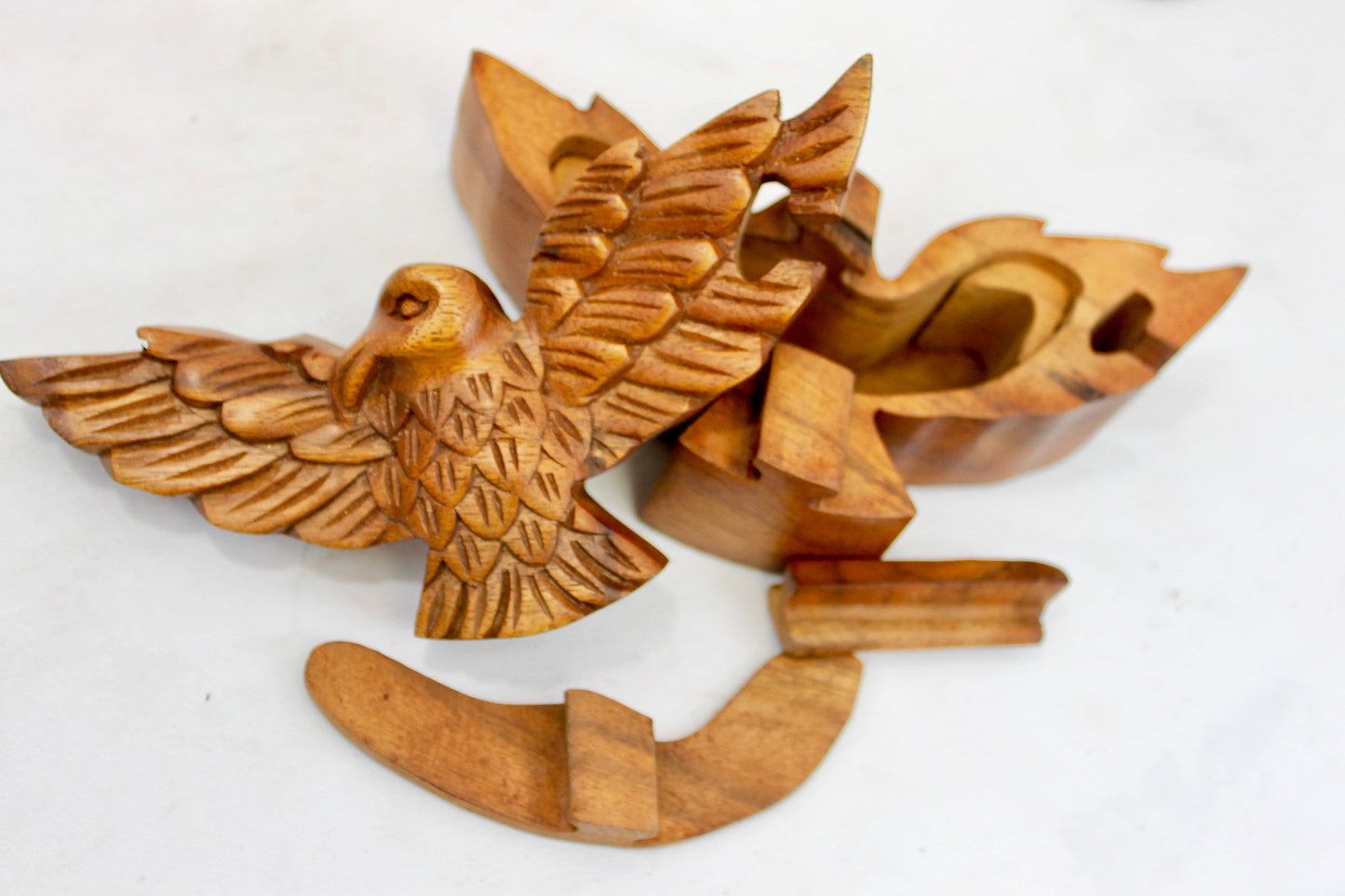 Wooden Soaring Eagle Secret Puzzle Trinket Box Stash Box Jewelry Box Gift Box Hand Carved Wood Carving