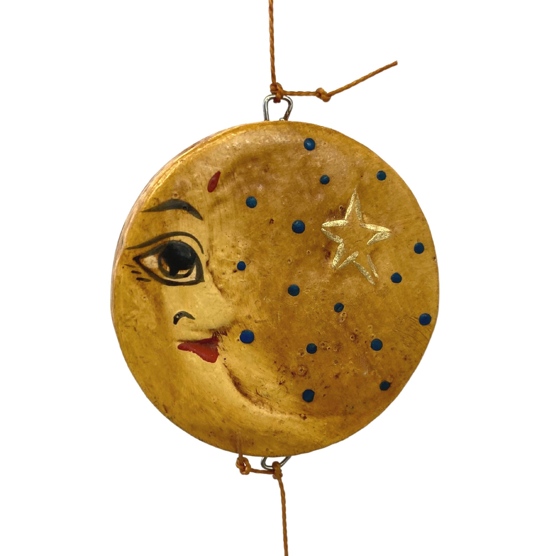 Sun Moon Stars Hanging Mobile Hand Carved Painted Wood Carving Balinese Sunburst Celestial Bodies Bali Folk Art Man in the Moon beige - Acadia World Traders