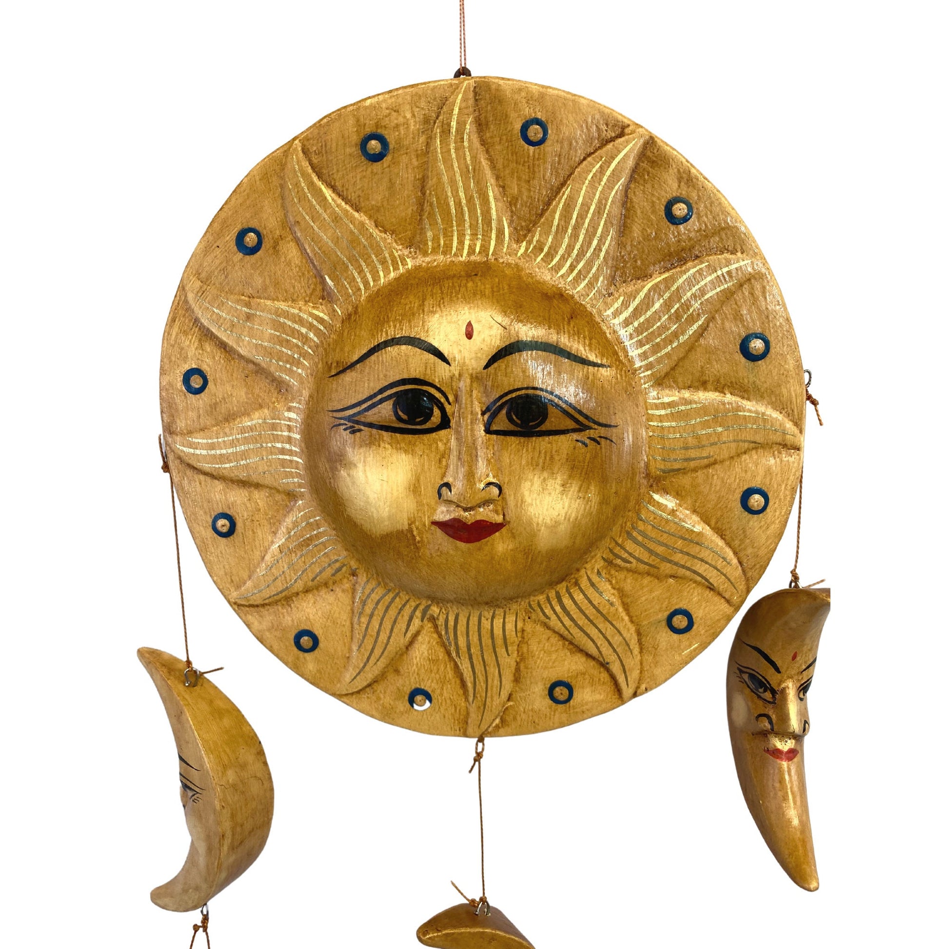 Sun Moon Stars Hanging Mobile Hand Carved Painted Wood Carving Balinese Sunburst Celestial Bodies Bali Folk Art Man in the Moon beige - Acadia World Traders