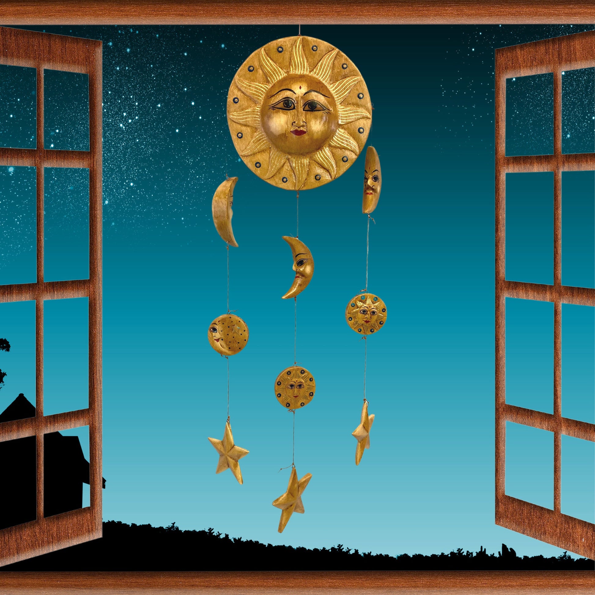 Sun Moon Stars Hanging Mobile Hand Carved Painted Wood Carving Balinese Sunburst Celestial Bodies Bali Folk Art Man in the Moon beige - Acadia World Traders