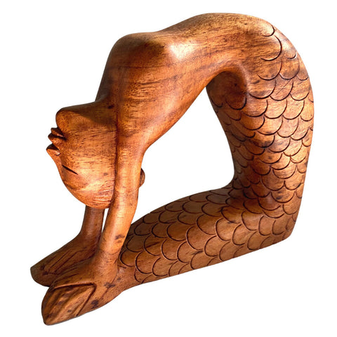 Yoga Mermaid Statue Figurine Ustrasana Pose Hand Made Carved Wood Balinese Art