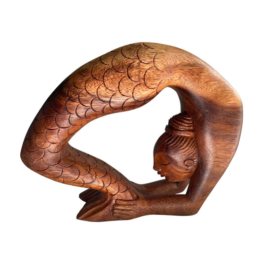 Yoga Mermaid Statue figurine Kapotasana Pose Bali Hand Carved Wood Balinese Art - Acadia World Traders