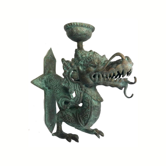 Vintage Bronze Dragon Naga Wall Sconce Candlestick Candle Holder Lost Wax Cast Handmade Indonesian Balinese Art Asian Eclectic Decor
