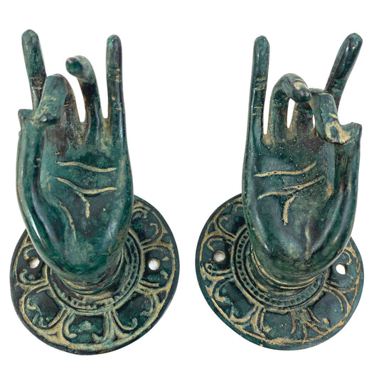Buddha Blessing Mudra Hands Door Handle Knob Cabinet Pull wall hook Lost wax cast Verdigris Solid Bronze Bali Art Set 2 - Acadia World Traders