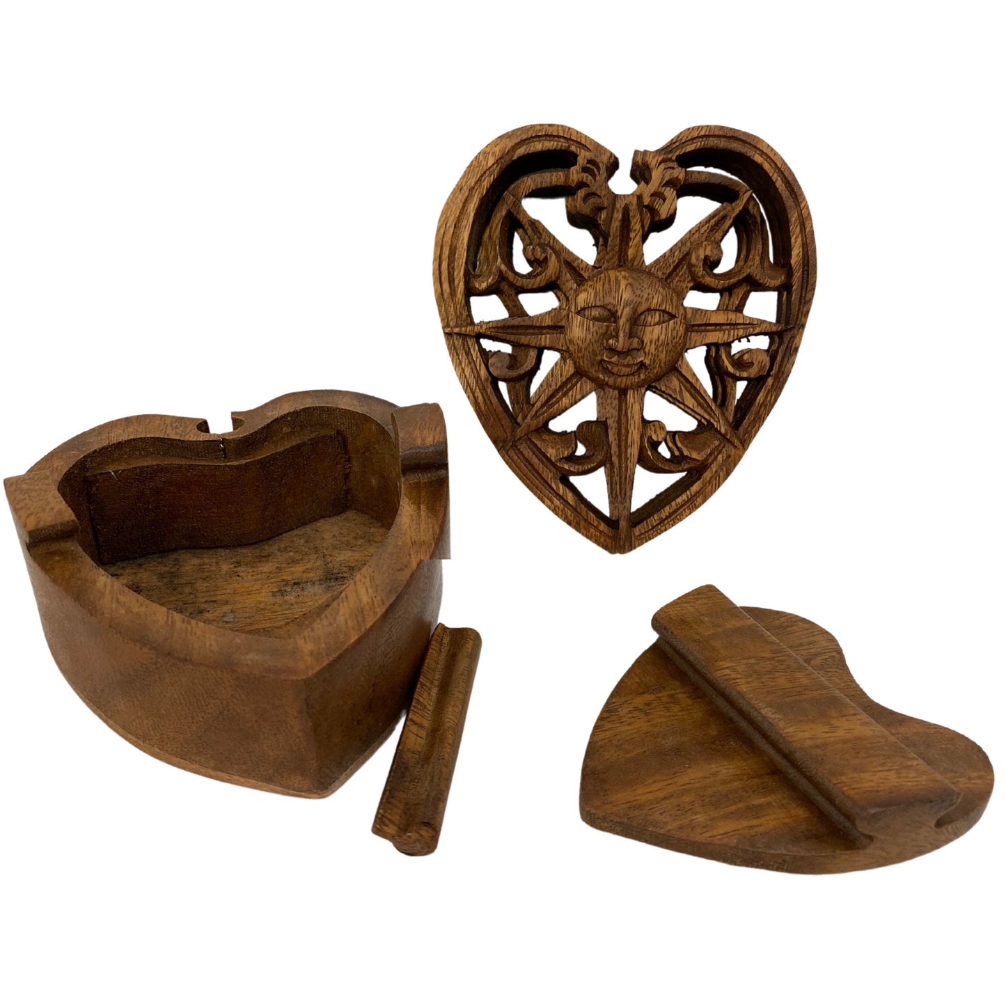 Celestial Sun Sunheart Sunburst Heart Smiling Sun Secret puzzle Box Stash Jewelry gift Box Trinket Box Hand carved suar wood Bali Art