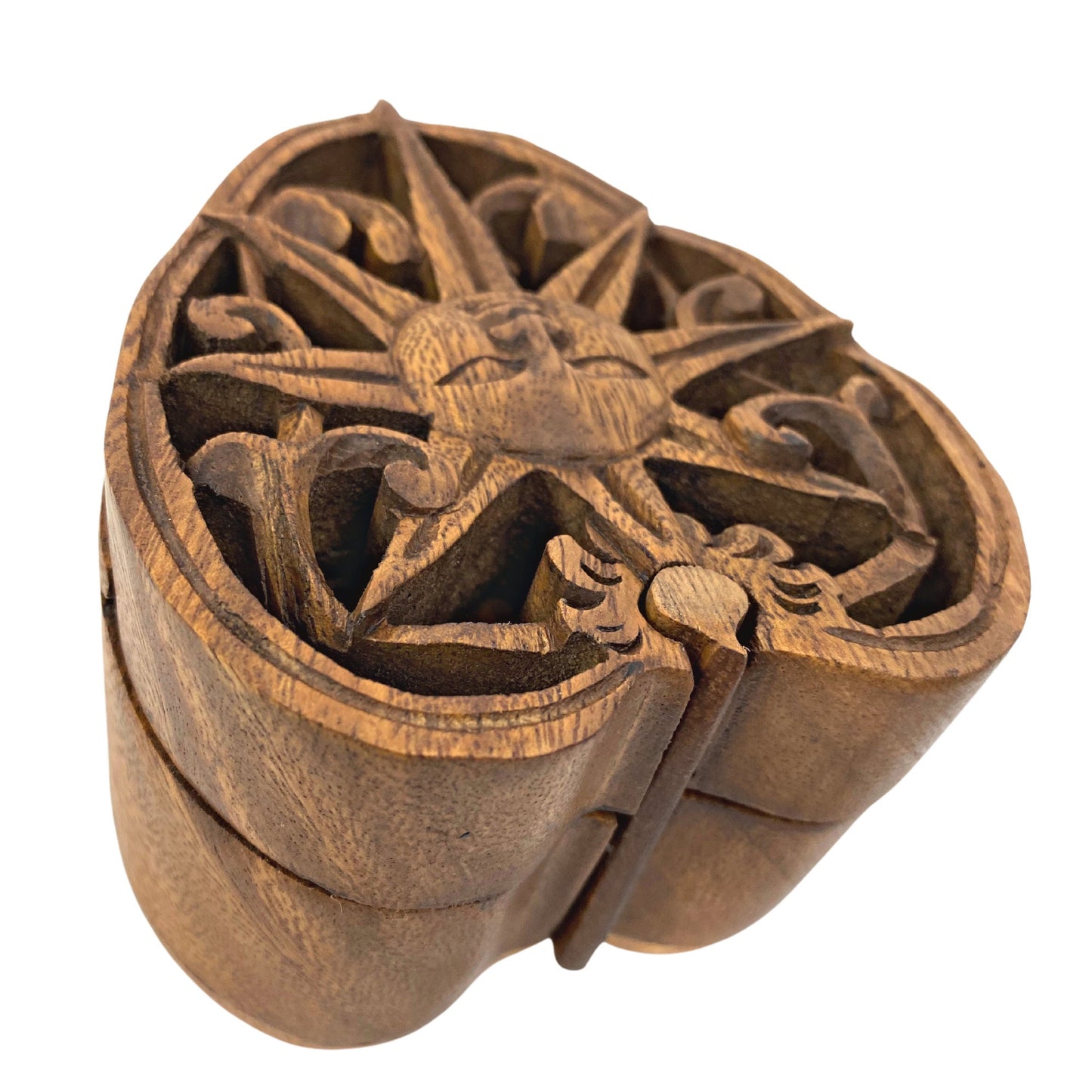Celestial Sun Sunheart Sunburst Heart Smiling Sun Secret puzzle Box Stash Jewelry gift Box Trinket Box Hand carved suar wood Bali Art