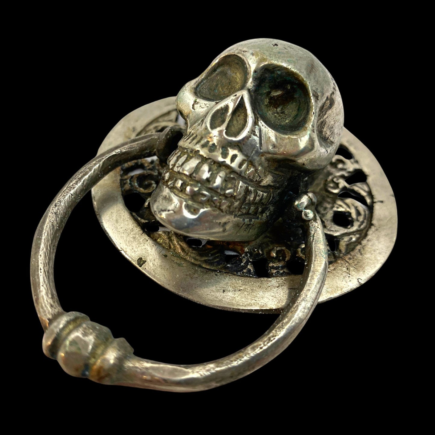 Silvered Bronze Gothic Skull Door Knocker: Lost Wax Cast Metal Cabinet Pull, Handle