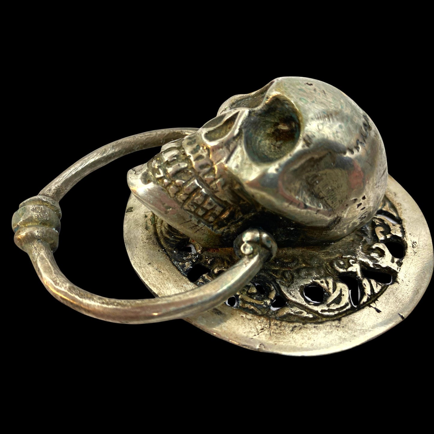 Silvered Bronze Gothic Skull Door Knocker: Lost Wax Cast Metal Cabinet Pull, Handle