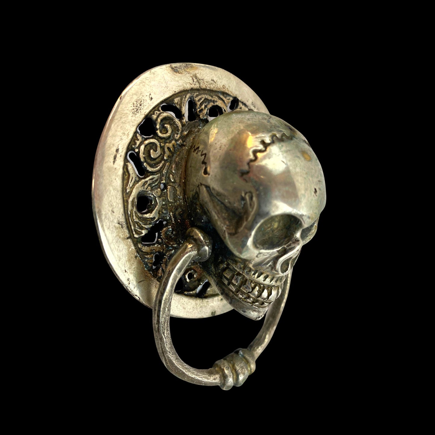 Silvered Bronze Gothic Skull Door Knocker: Lost Wax Cast Metal Cabinet Pull, Handle
