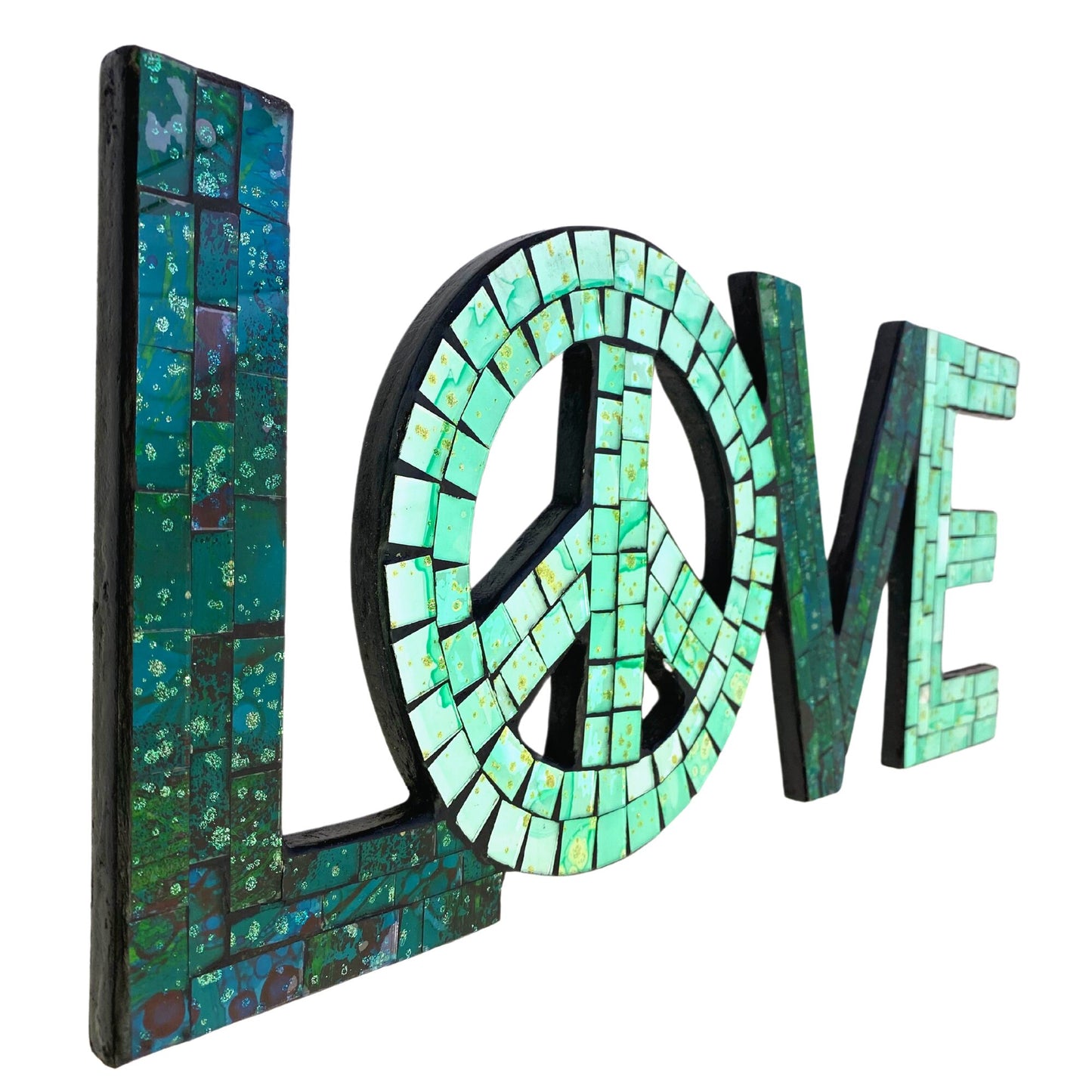 Peace and Love Mosaic Wall Art Plaque Panel Hand Painted Glass Bali Handicraft Boho Decor