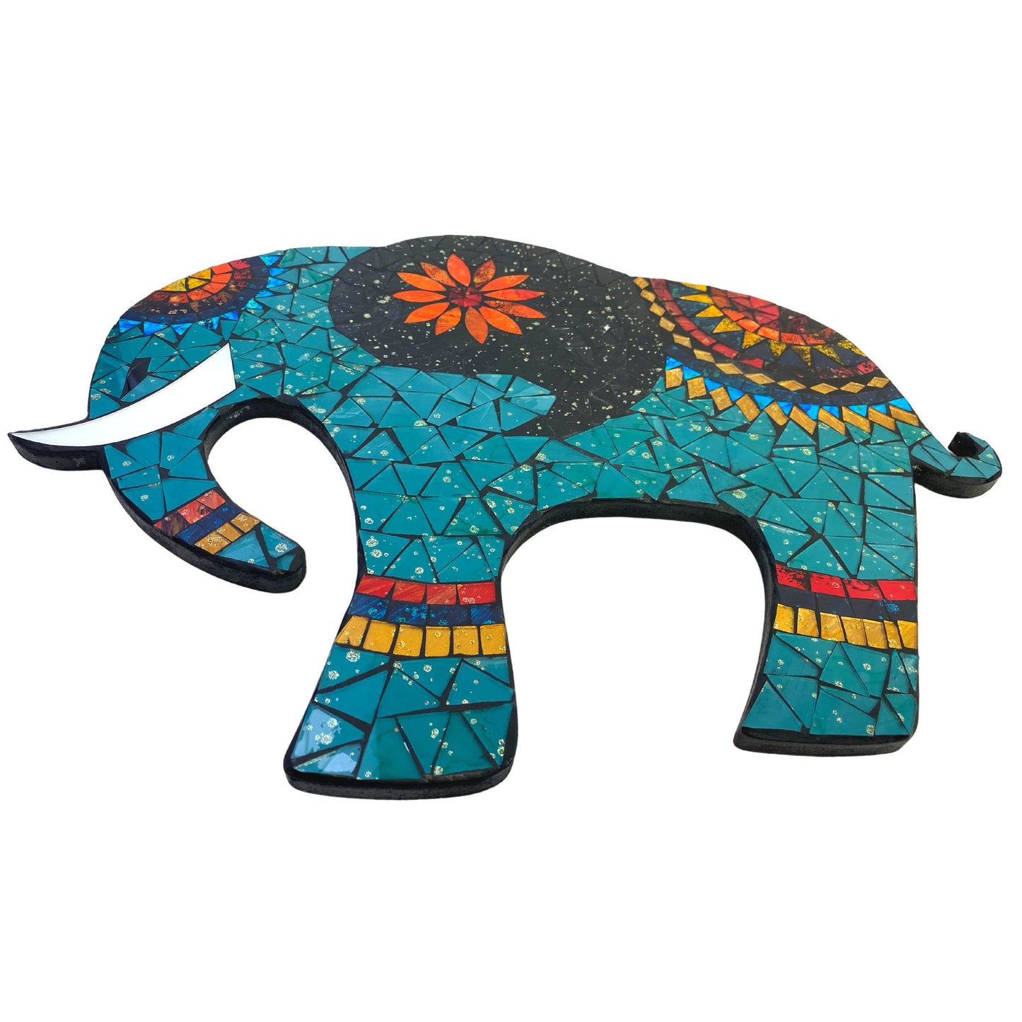 Asian Elephant Mosaic Wall Art Plaque Panel Hand Painted Glass Bali Handicraft Boho Decor