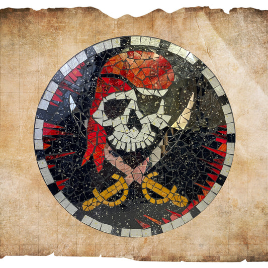 Pirate Wall Hanging Jolly Roger Skull and Crossbones Nautical Mosaic Wall Art Plaque Panel Hand Painted Glass Bali Handicraft Man Cave Decor