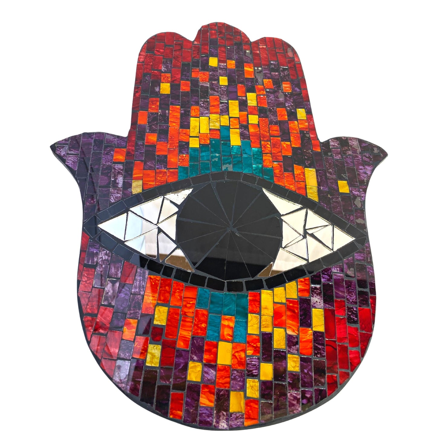 Hamsa Hand of Fatima Evil Eye Mosaic Wall Art Plaque Panel Hand Painted Glass Bali Handicraft Boho Decor