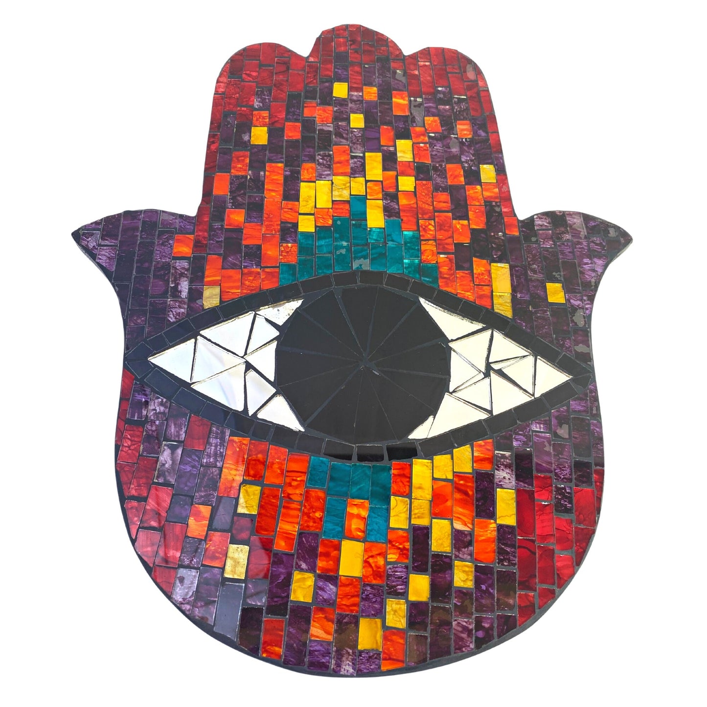 Hamsa Hand of Fatima Evil Eye Mosaic Wall Art Plaque Panel Hand Painted Glass Bali Handicraft Boho Decor