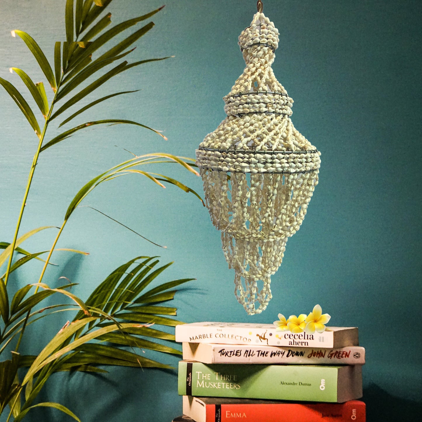 Seashell Chandelier Hanging Accent Lamp: Handmade Nautical, Boho Beach Decor (20")