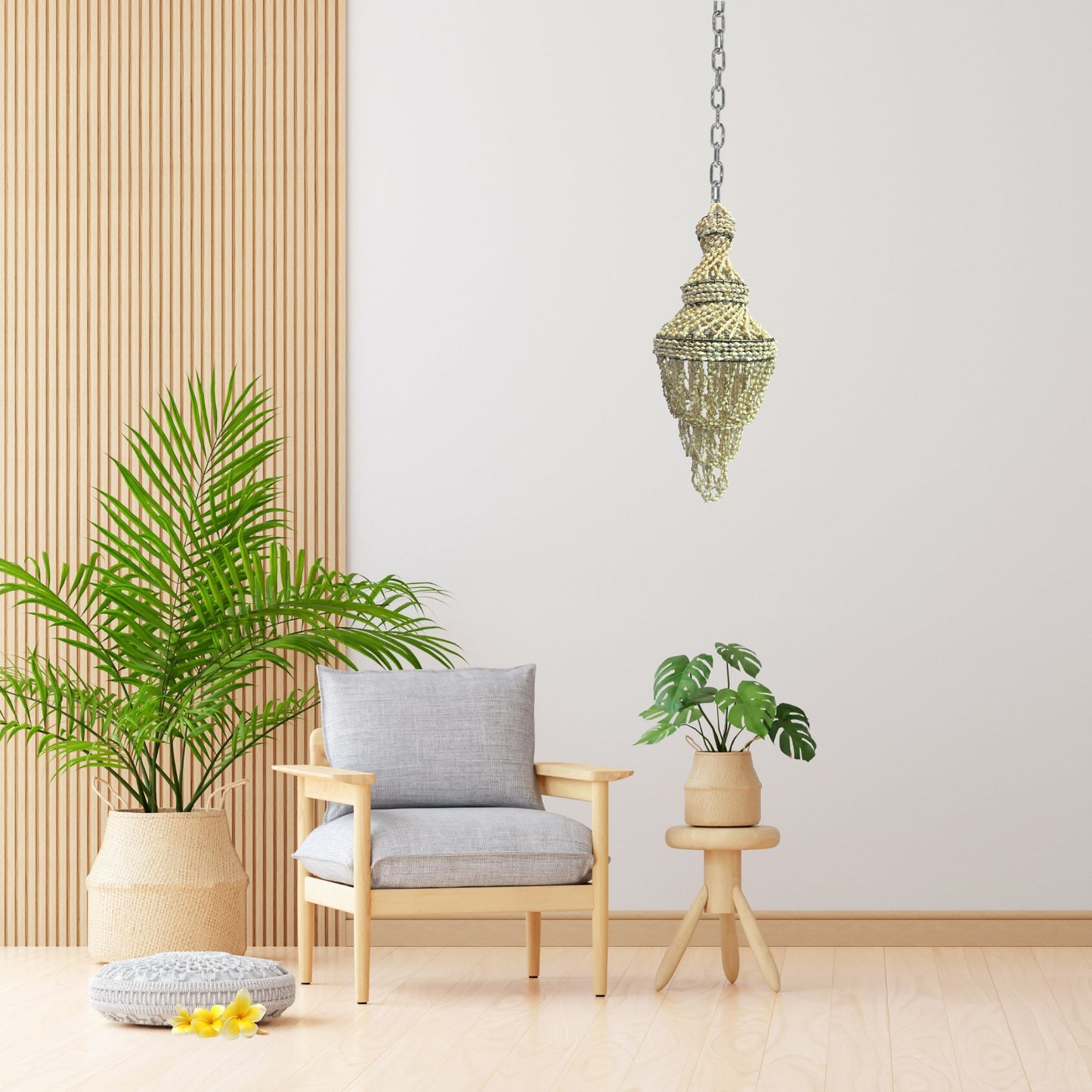 Seashell Chandelier Hanging Accent Lamp: Handmade Nautical, Boho Beach Decor (20")