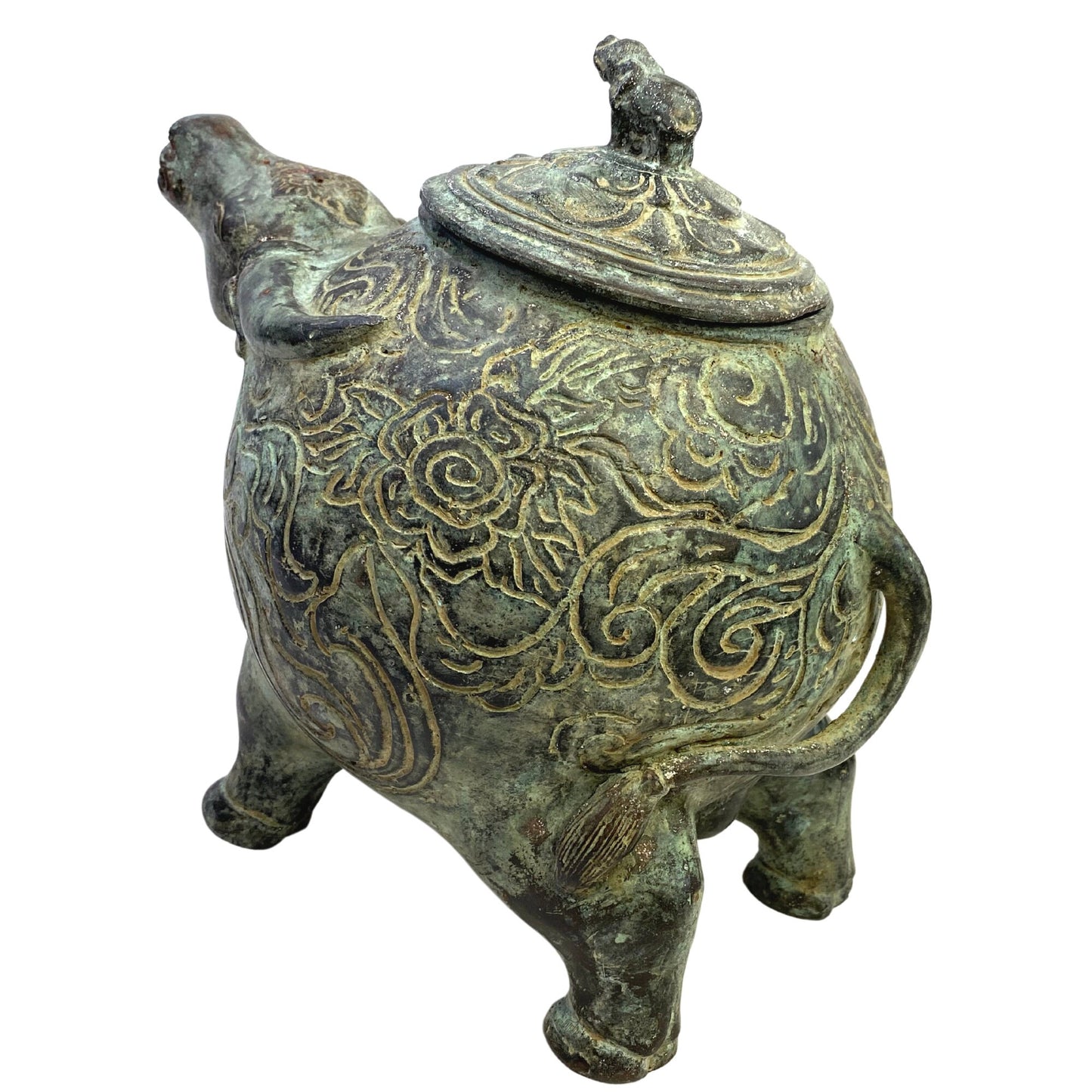 Tribal Water Buffalo Bull Betel Nut Lime Medicine Container Vessel Stash Box Vintage Sumatran Verdigris Bronze Metal Indonesian Folk Art